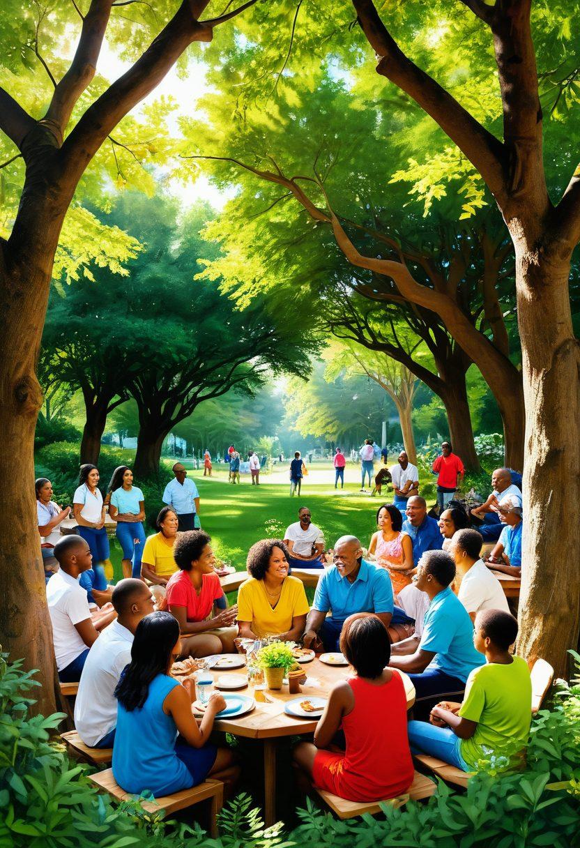 A vibrant community gathering with diverse individuals sharing moments of joy and transformation, surrounded by motivational quotes and nature elements symbolizing growth. Include warm sunlight filtering through trees, reflecting a sense of hope and unity. Emphasize connections, support, and inspiration among the members in an inviting atmosphere. colorful illustration. vibrant colors. uplifting vibe.