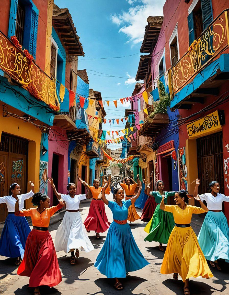 A vibrant collage of Sacanagem culture, showcasing dynamic street art, lively community gatherings, and colorful festivals. Include people engaged in creative expressions through dance, music, and traditional crafts, surrounded by a backdrop of festive decorations and symbols of unity. Enhance with swirling colors that blur the lines between art and reality. Incorporate elements of joy and cultural richness. vibrant colors. super-realistic.