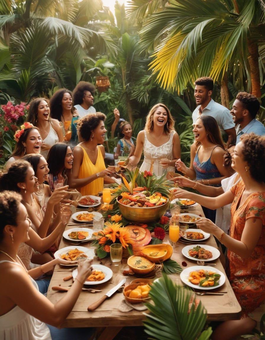 A vibrant and colorful collage showcasing elements of the sacanagem lifestyle, including friends laughing, dancing, and sharing stories around a lively outdoor party scene. Incorporate tropical decorations, music instruments, and delicious food, with an inviting community vibe. Use warm lighting to create a festive atmosphere. super-realistic. vibrant colors. 3D.